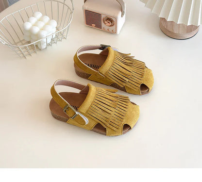 Summer Anti-Slippery Kids Suede Sandals for Girls Non-Slip Closed Toe Toddler Beach Shoes with Cute Tassels School Casual Wear