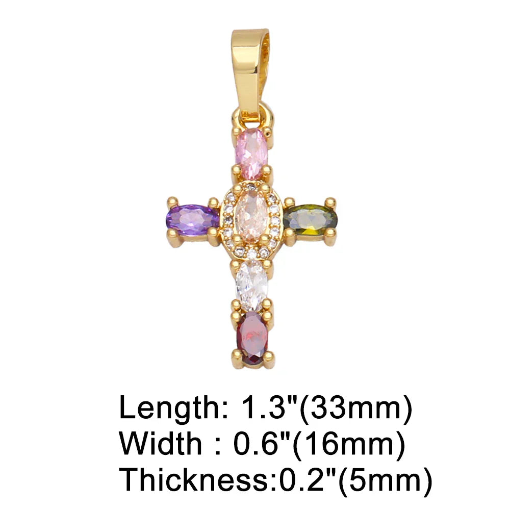 Big Rainbow Colorful Cross Pendants for Necklace Gold Plated  Copper Zircon Religious Jewelry Components pdta638