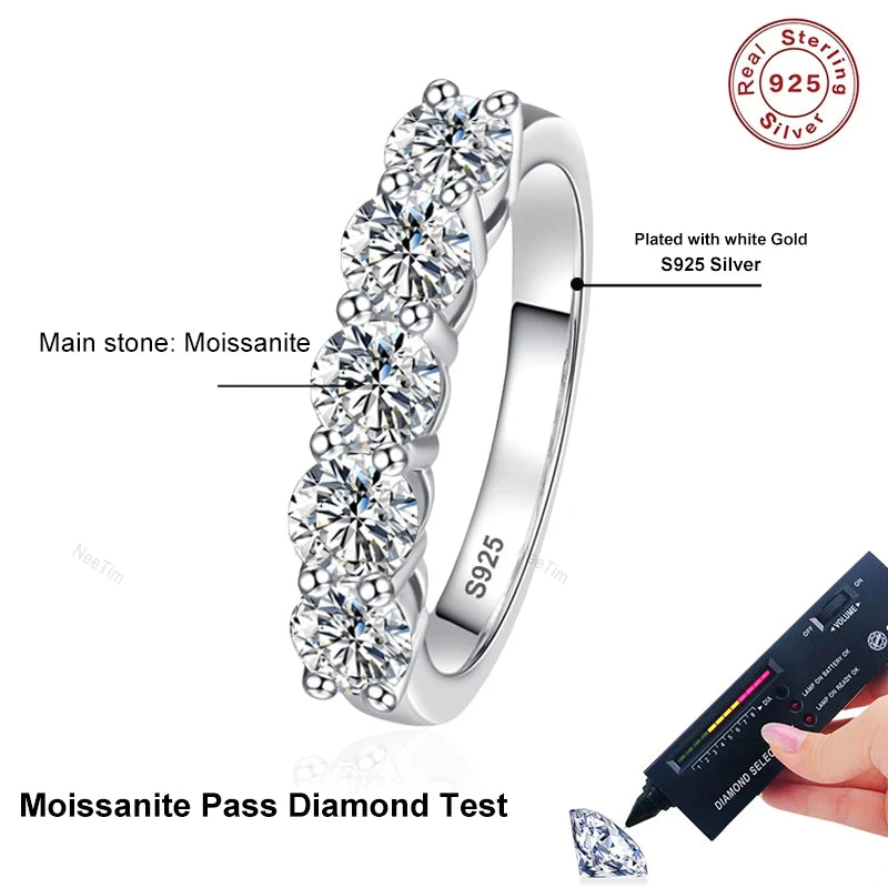 Full 4mm Moissanite Ring for Women 5 Stones Diamond Wedding Band Bride S925 Sterling Silver with White Gold Plated Rings