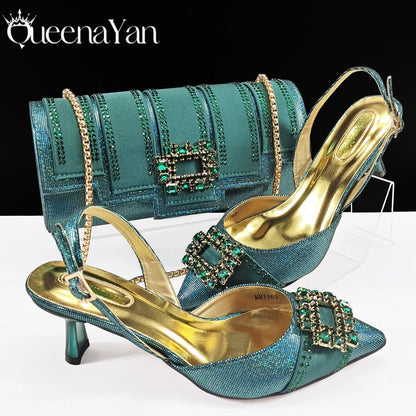 Elegant Noble Party Wedding Shoes And Bag Pointed Toe Decorated With Rhinestone Women Heel Shoes