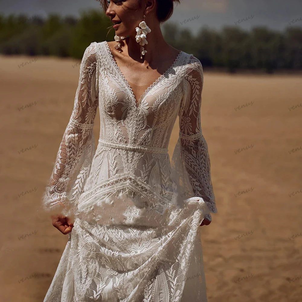 Vintage Wedding Dresses For Women 2024 V-Neck Backless Bridal Gowns Flare Sleeves Lace Robe Vestidos De Novia Customized