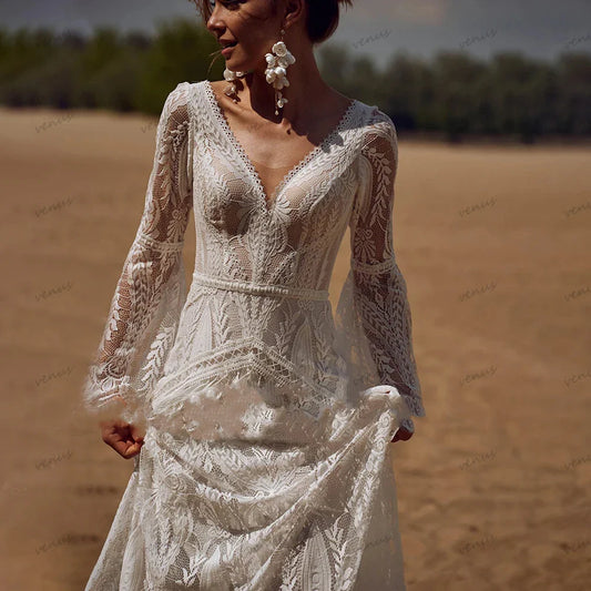 Vintage Wedding Dresses For Women 2024 V-Neck Backless Bridal Gowns Flare Sleeves Lace Robe Vestidos De Novia Customized