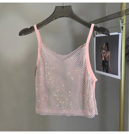 Summer New Mesh Diamond Crystal Short Halter Top AB Color Diamond Sexy Inner Shining Waistless Tops