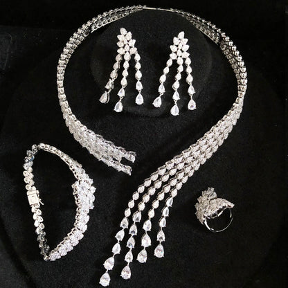 Trendy 4PCS Luxury Turquoise Statement Jewelry Sets For Women Wedding Cubic Zircon Indian African Dubai Bridal Necklace
