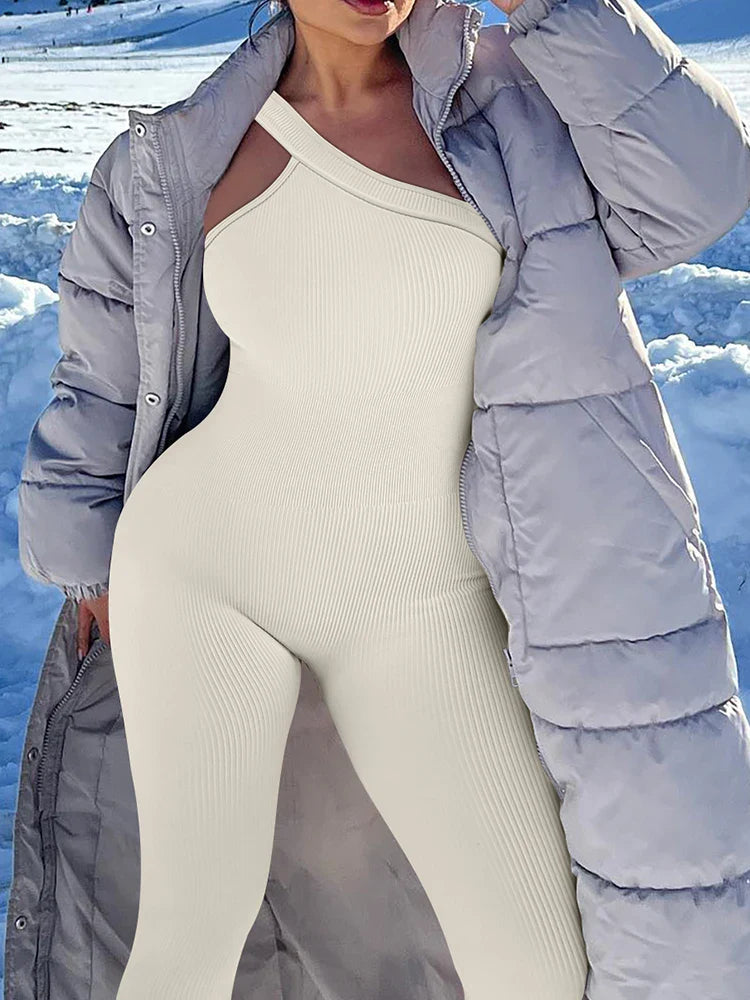 Women Yoga Jumpsuits Workout Ribbed One Shoulder One Piece Sport Jumpsuits Solid Sleeveless Hip Lifting Fitness Jumpsuits