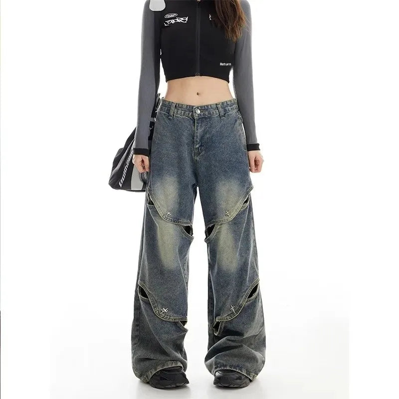 High Waist Straight Leg Jeans High Street Heavy Duty Wide Leg Pants