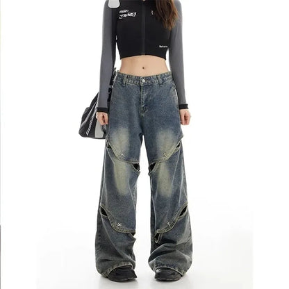 High Waist Straight Leg Jeans High Street Heavy Duty Wide Leg Pants