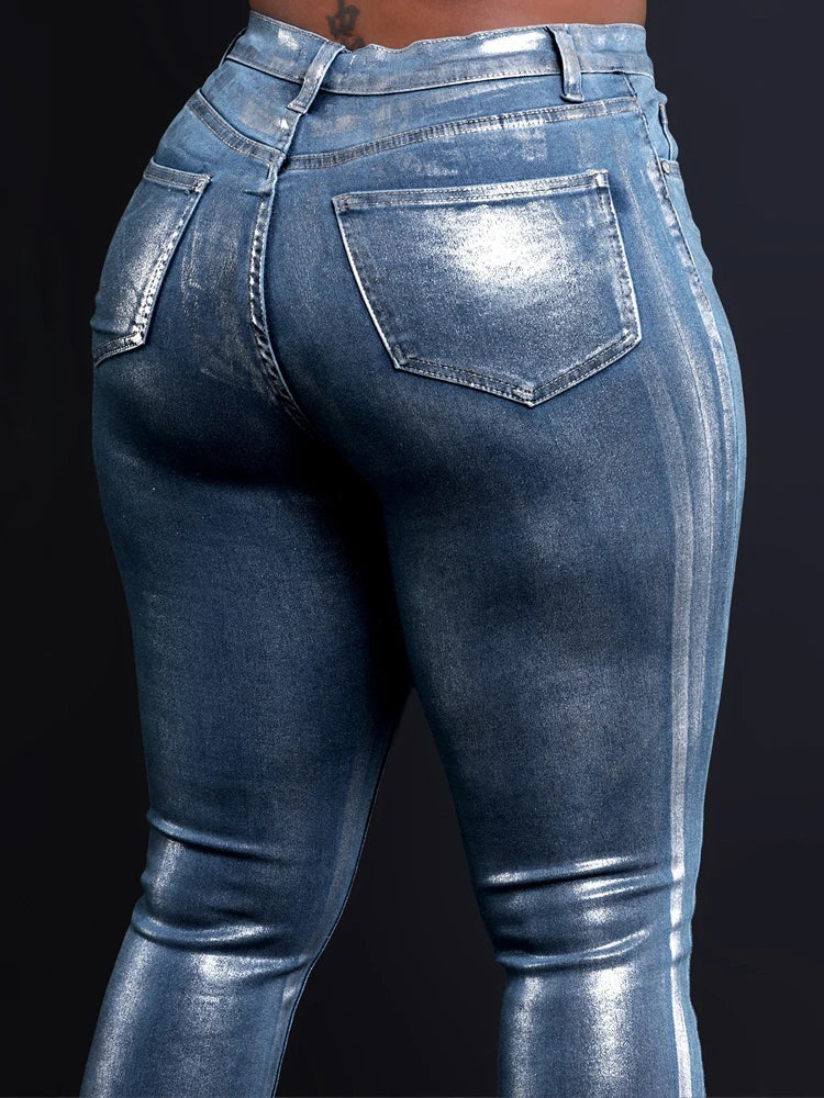 American Jeans Women Pencil Pants 2025 New Metallic Silver High Waist Streetwear Elastic Skinny Denim Trousers Female y2k