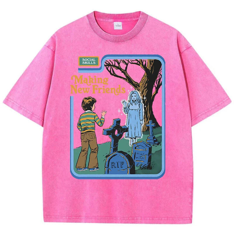 Social Skills Making New Friends Washed Retro Male Women T-Shirts Hip Hop Breathable Tops Casual T Shirt Oversized Cotton T-Shir