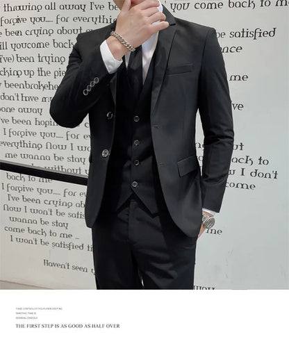 Solid Color Suit Men's Fashionable Gentleman Business Banquet Korean-style Formal Dress Casual Wedding (Blazer+Vest+Trousers)