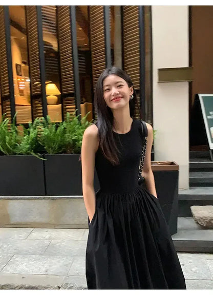 New Vintage Black Tank Top Midi Dress Wedding Dresses for Women Clothing O Neck Office Lady Casual Pockets Women's Clothing