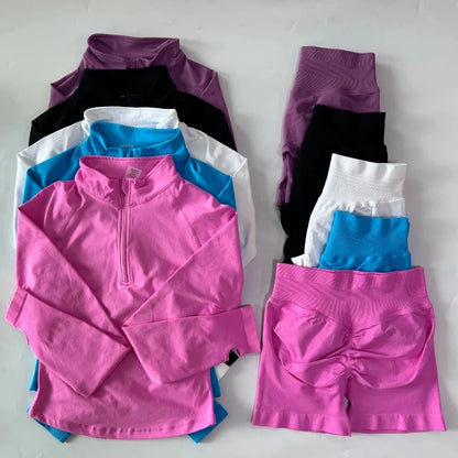 2pcs Long Sleeve Yoga Set Women Half Zippy Jacket Longline Sports Top Gym Shorts Fitness Suits Running Coats Workout Set