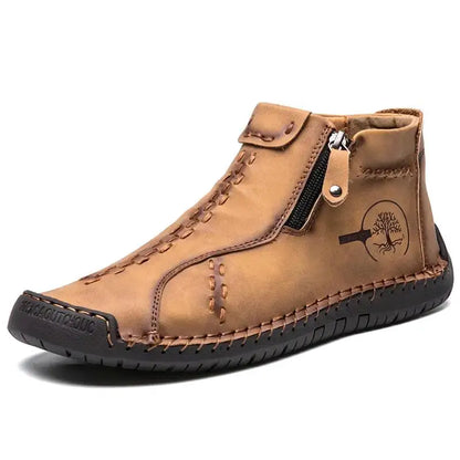 Sapatos Masculinos Clássicos de Couro Feitos à Mão, Design com Zíper, Tênis Esportivos para o Ar Livre, Sapatos Casuais Respiráveis com Elástico, Botas Masculinas de Couro no Tornozelo