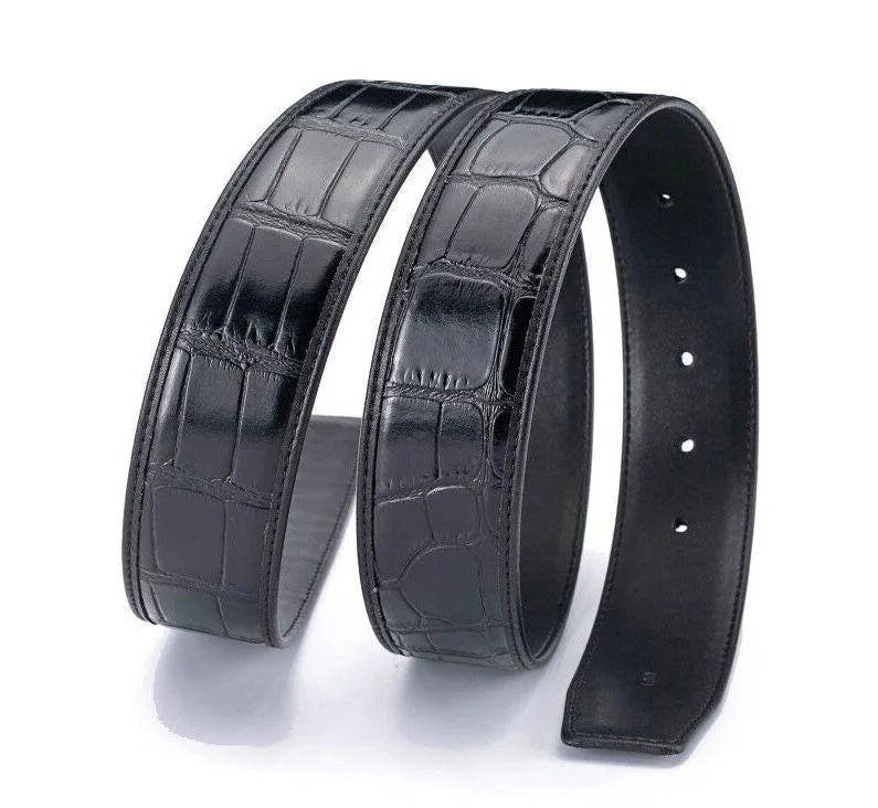 3.8 wide punched men's cowhide leather belt, high-end fashion trend crocodile pattern genuine leather belt without buckle durabl