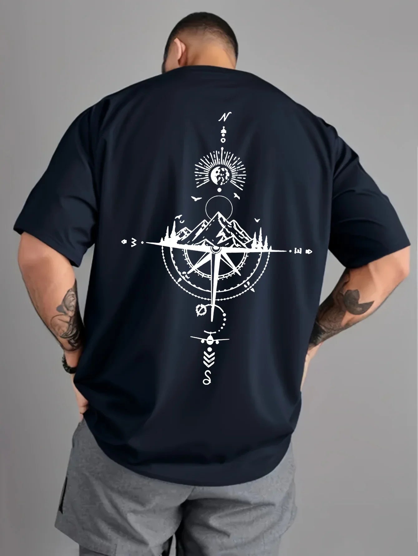 Summer men's 100% pure cotton casual sports loose oversized retro compass printed comfortable round neck short sleeved T-shirt