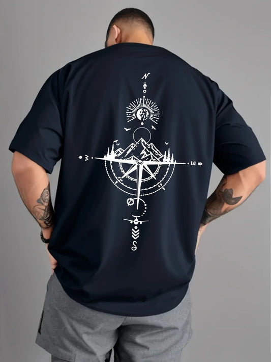 Summer men's 100% pure cotton casual sports loose oversized retro compass printed comfortable round neck short sleeved T-shirt