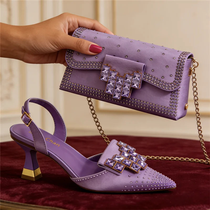 Italian Fashion Design Shoes and Bags Matching Set  High Heels green Color Rhinestones Elegant Women Shoes for Party