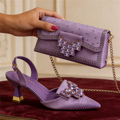 Italian Fashion Design Shoes and Bags Matching Set  High Heels green Color Rhinestones Elegant Women Shoes for Party