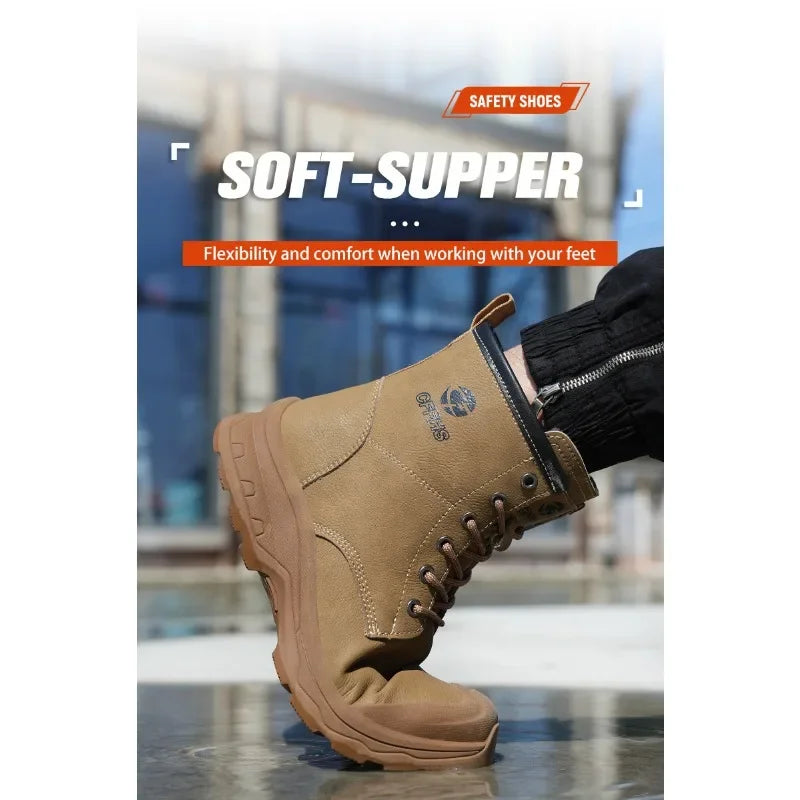 High End Microfiber Men's Work Boots with Steel Toe Caps for Anti Smashing and Anti Puncture, Kevlar Anti Puncture
