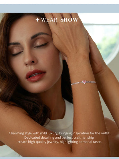 Love Heart Bracelets for Women Girls 925 Sterling Silver with CZ, White Gold Plated Charm Link Chain Bracelet Jewelry
