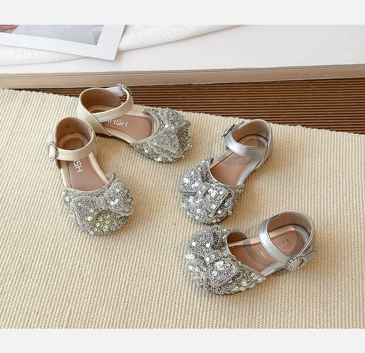 Faux Gemstones Shoes for Kids Girls Shining Crystal Girls Dress Shoes for Party and Wedding Bowtie Children Girl Sandals I04204