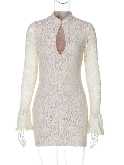 Turtleneck Long Flare Sleeve Patchwork Lace Hollow Out Button Sexy Mini Dress 2025 Spring Women Clothes Party Nightclub