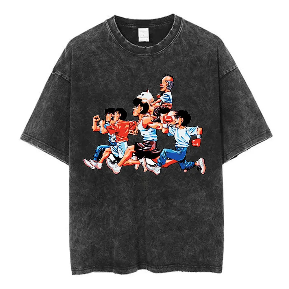 Anime Hajime No Ippo Washed Vintage T-shirt Kamogawa Boxing Gym Harajuku T-shirts Makunouchi Takamura KGB Loose Cotton T Shirt