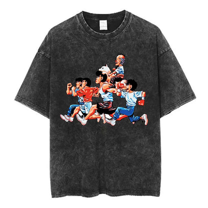 Anime Hajime No Ippo Washed Vintage T-shirt Kamogawa Boxing Gym Harajuku T-shirts Makunouchi Takamura KGB Loose Cotton T Shirt