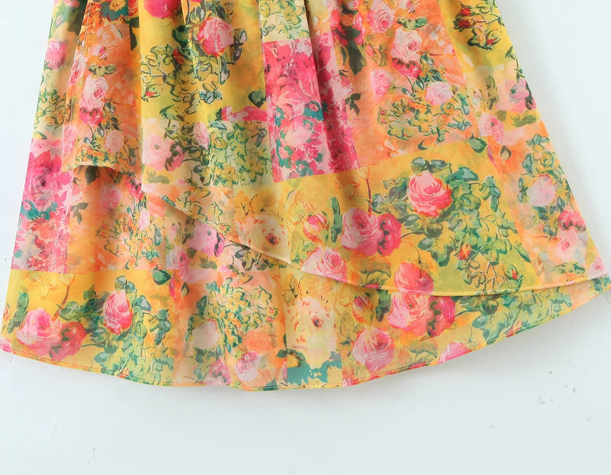 Flower Print Spaghetti Strap Mini Dress Women Backless Skater Lacing up Sling Robe Holiday