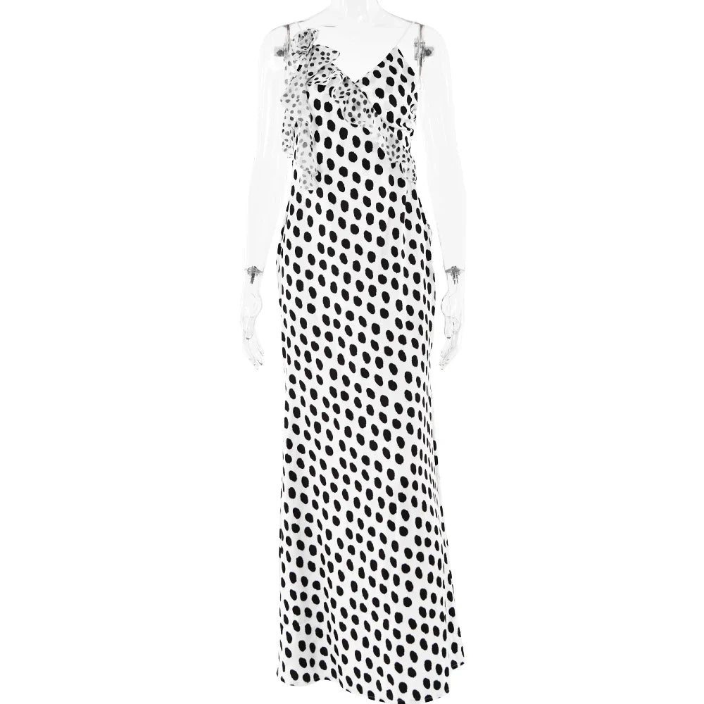 Backless  Print Dots Flower Women Maxi Dress Spaghetti Strap Evening Dress Autumn Skinny Elegant Party Clubwear