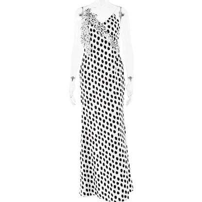 Backless  Print Dots Flower Women Maxi Dress Spaghetti Strap Evening Dress Autumn Skinny Elegant Party Clubwear