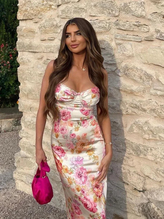 Summer Spaghetti Strap Floral Print Party Dresses Elegant Maxi Bodycon Wedding Guest Holiday Dress New In Dress 2023