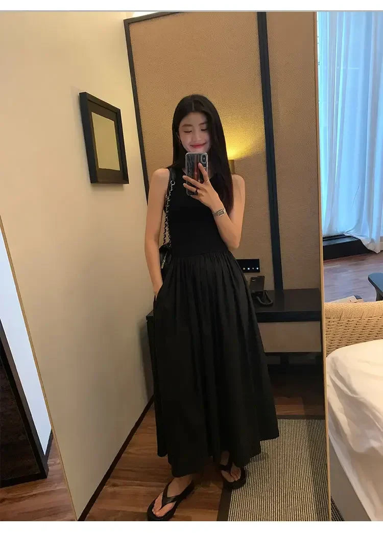 New Vintage Black Tank Top Midi Dress Wedding Dresses for Women Clothing O Neck Office Lady Casual Pockets Women's Clothing