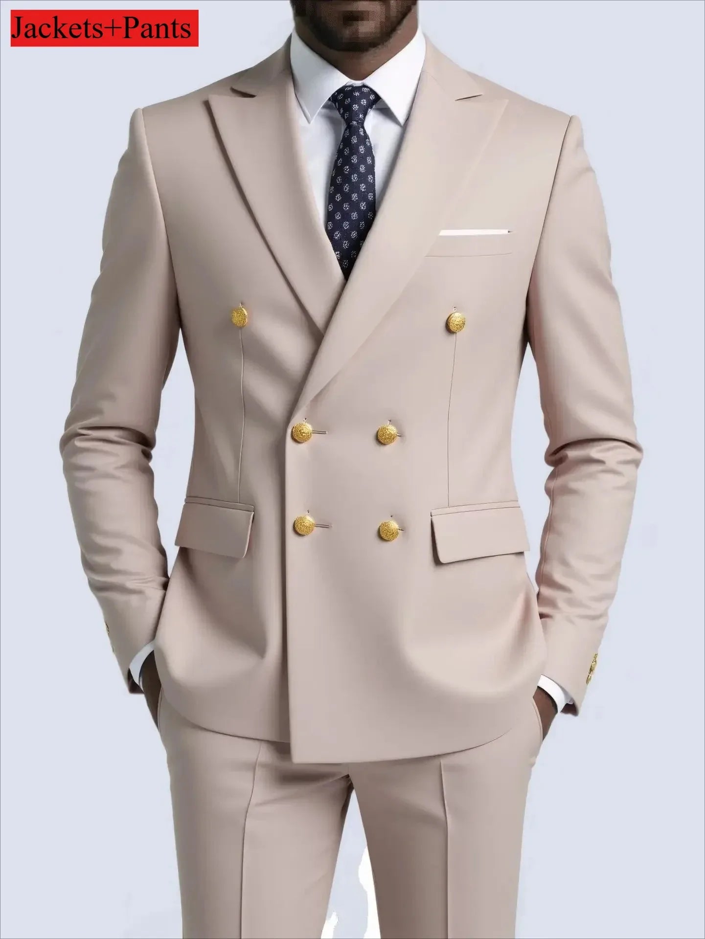 Navy Blue Double Breasted Men's Tuxedo with Gold Buttons High Quality Business Suit for Wedding Groom Party Prom