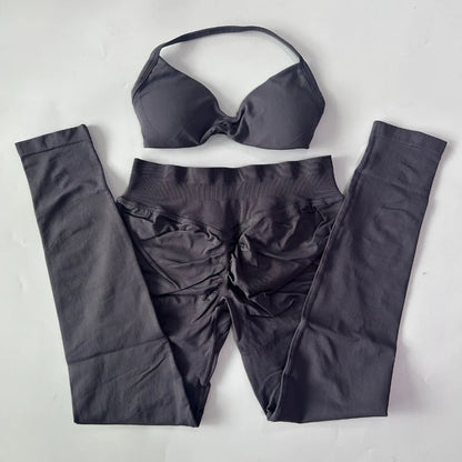 2 Pieces Set For Woman Strappy Yoga Bra Sports Top Workout Leggings Set Seamless Gym Set Fitness Clothes Outfit Activewear