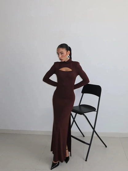 Sheath Women's Maxi Dresses Solid Turtleneck Regular Long Sleeves Hollow Out Slim Fit Bodycon Party Vestidos Robes