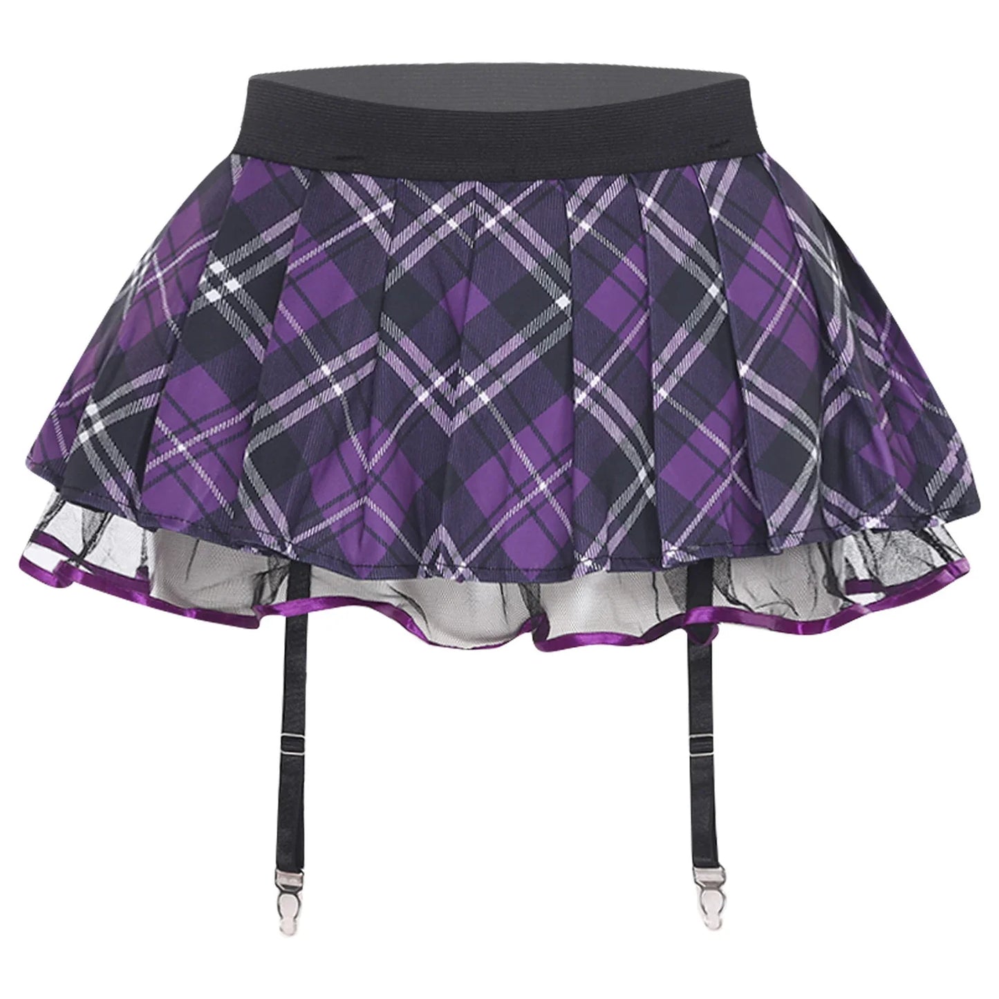 Women's Miniskirt with Garters Schoolgirl Cosplay Costume Plaid Layer with Tulle Lining Elastic Waistband Short Skirt Clubwear