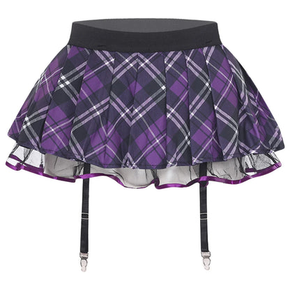 Women's Miniskirt with Garters Schoolgirl Cosplay Costume Plaid Layer with Tulle Lining Elastic Waistband Short Skirt Clubwear