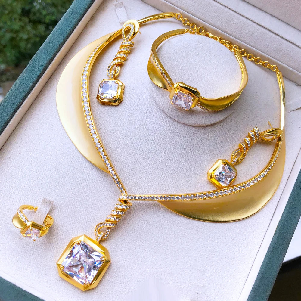Famous Brand 4PCS Green CZ Luxury African Jewelry Set For Women Wedding Party Zircon Crystal Dubai Bridal Jewelry Set Gift