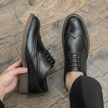 Retro leather shoes - men's brook engraved lace-up British business formal soft-soled fashionable casual trendy shoes