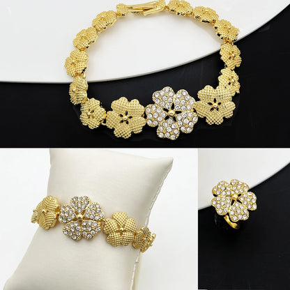 Dubai Nigeria Jewelry Sets For Women Luxury Design Five Petals Flower Pendant Necklace Earring Bracelet And Ring