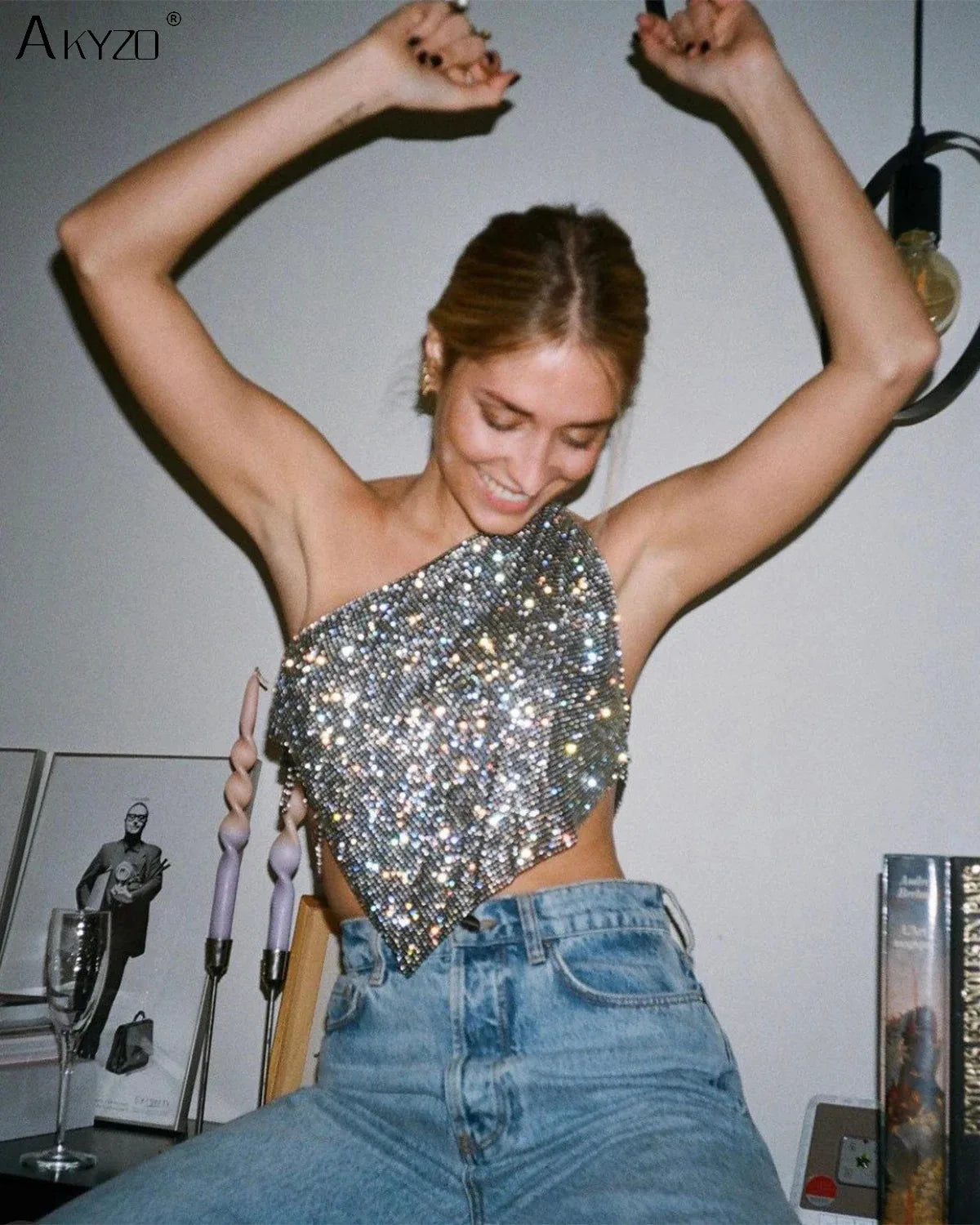 Shiny Rhinestone Metal Camisole For Women Sexy Backless Single shoulder Side Split Tank Tops Cocktail Party Club Crop Top Y2K
