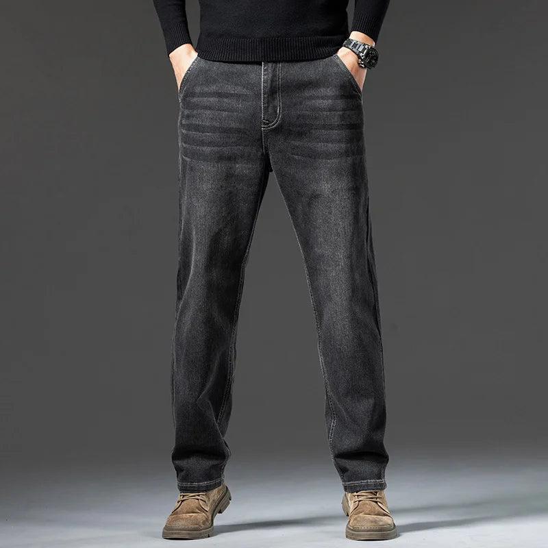 New Men's Light Business Micro Stretch Straight Fit Denim Pants Vintage Distressed All Season Wearable Long Pants