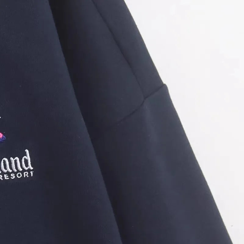 Moletom de Lã Bordado com Estampa de Desenho Animado do Castelo Mundial Letra Mágica Mickey Mouse Feminino com Zíper e Capuz VELUDO Blusa