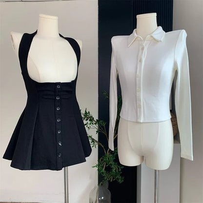 Two Piece New Sexy Chic Halter Female Dresses Basic Polo Neck Fashion Button Shirt Slim Simple A-line XS-L Women Dress