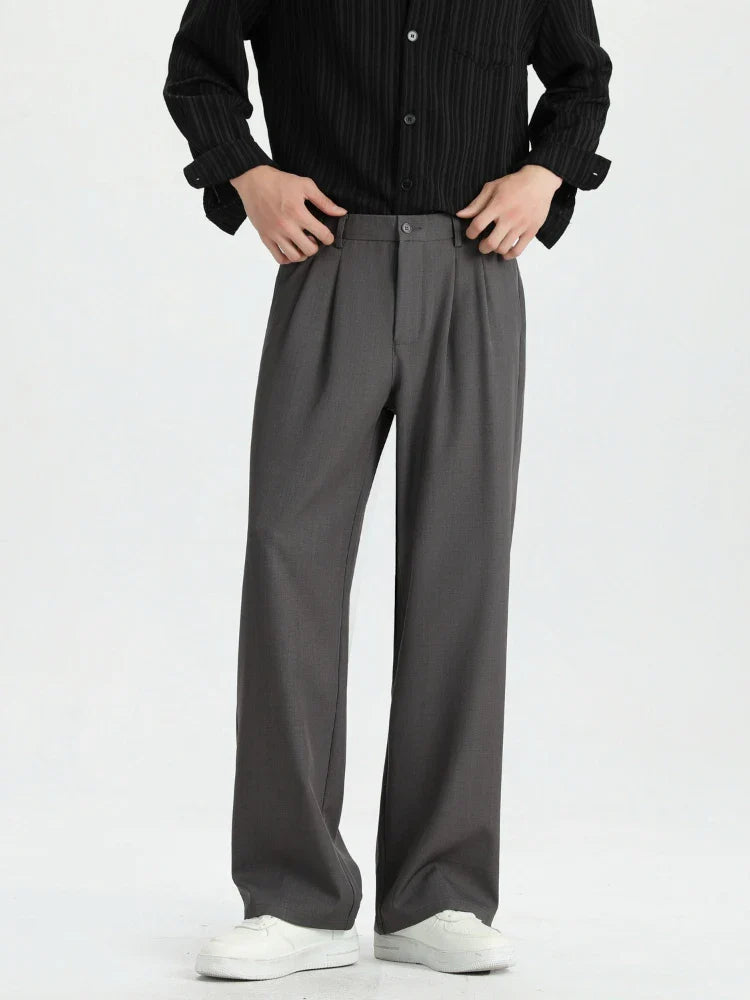 Spring New Loose Straight Pants Men Elastic Waist Double Pleats Wide Legs Casual Drape Fashionable Anti-wrinkle Trousers