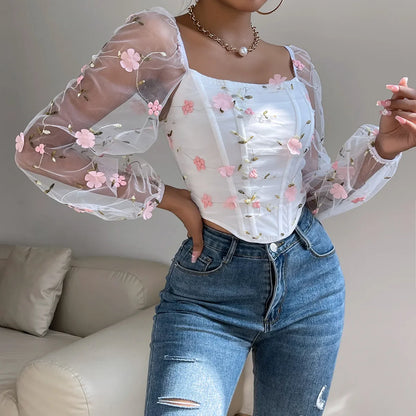White Gauze Corset Bone Cropped Top Sexy Floral Backless Long Sleeve French Summer Women's Slim Bustier Tank Top