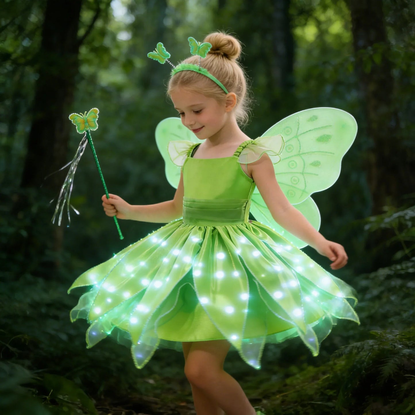 Childern Princess Dress For Girls LED Light With Flower Fairy Dress Up Kids With Wings Halloween Elves Party Tinker Bell Dress