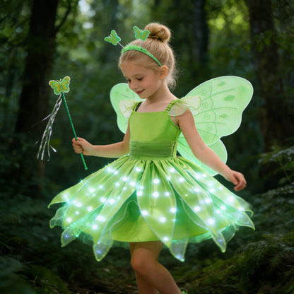 Childern Princess Dress For Girls LED Light With Flower Fairy Dress Up Kids With Wings Halloween Elves Party Tinker Bell Dress