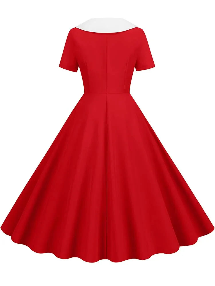 Summer Midi Dress Women Elegant Pink Vintage Party Sundress Casual Peter pan Collar Short Sleeve Dress